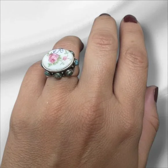 Antique Bavaria Franklin Rose China & Upcycled Turquoise Vintage 925 Silver Ring - Picture 3 of 11